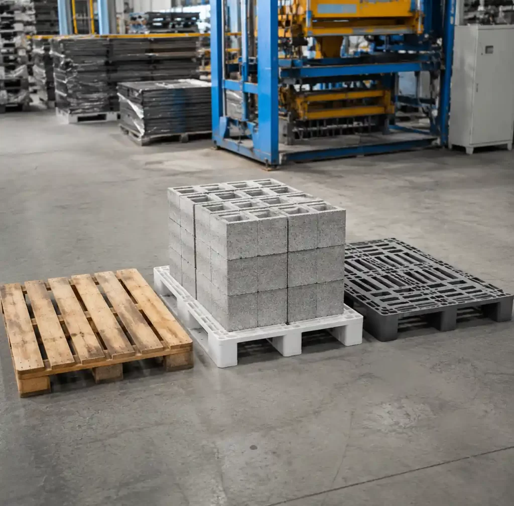 Different types of concrete block pallets showing wood, GMT, and fiber-reinforced materials side by side
