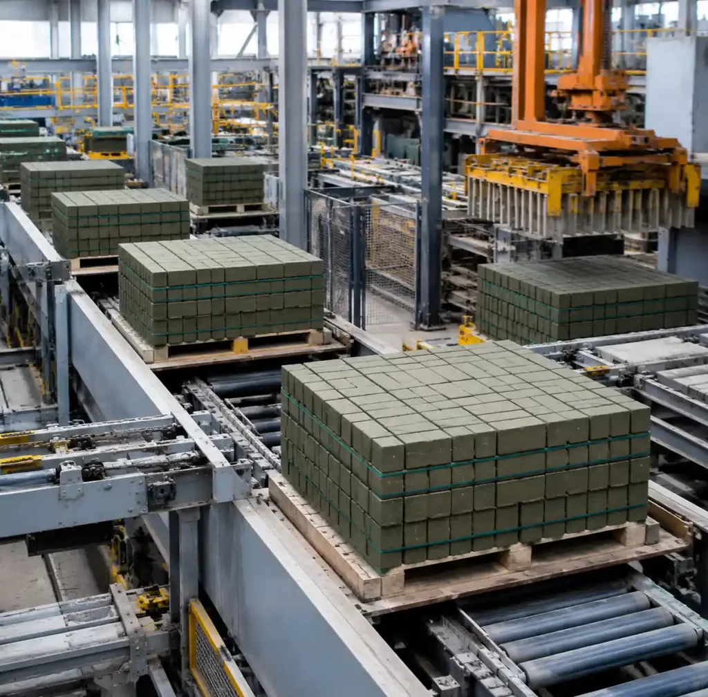 GMT pallets in automated brick production line showing continuous operation