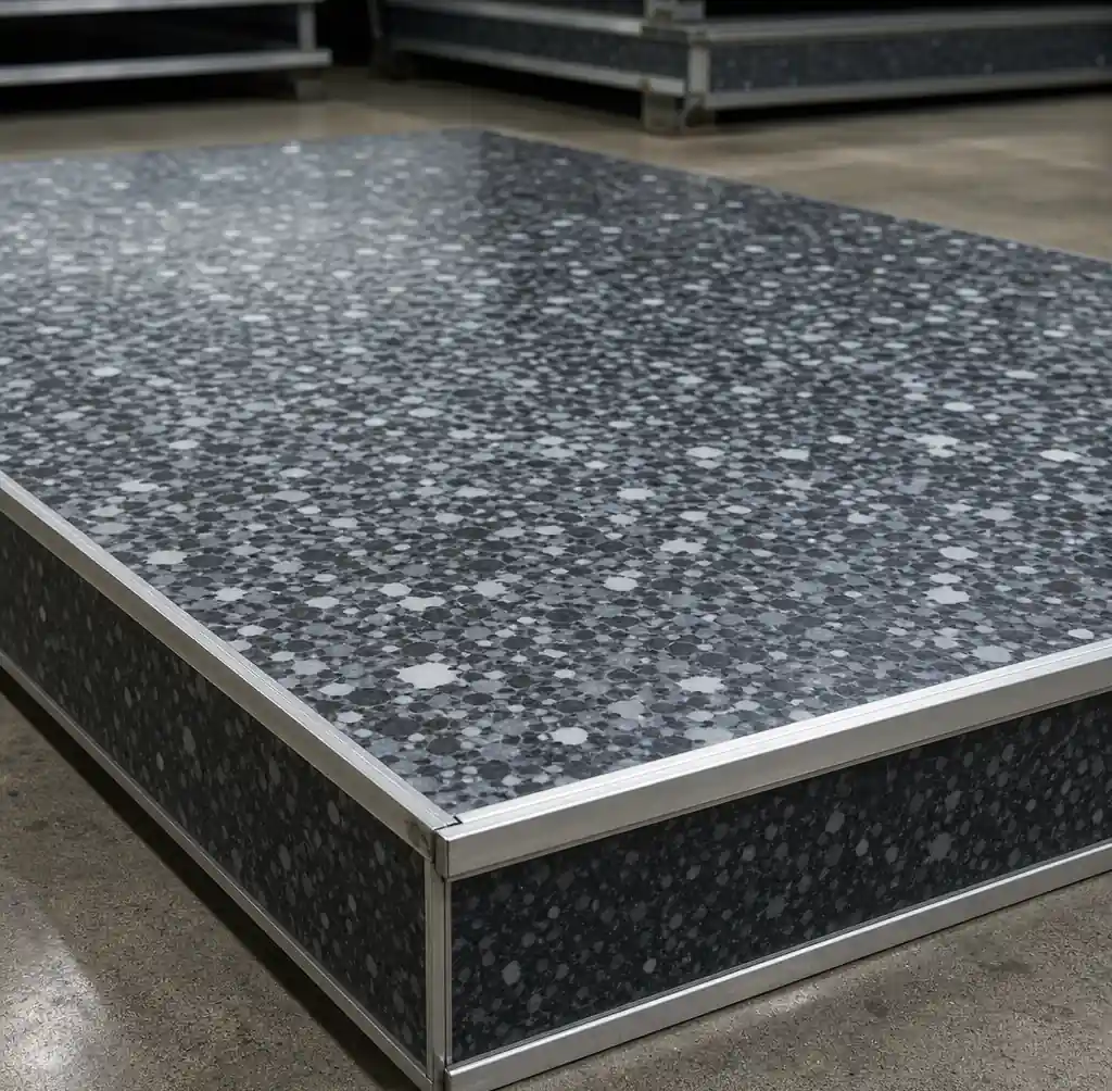 GMT brick pallet construction showing glass fiber reinforced thermoplastic composite with black-gray-white speckled texture and aluminum edge trim"