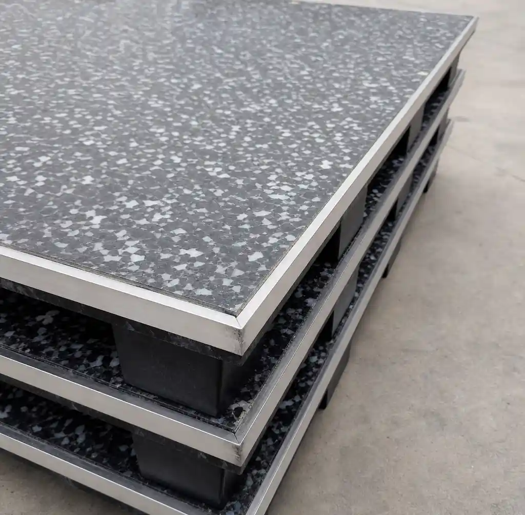 GMT brick pallet construction showing glass fiber reinforced thermoplastic composite with black-gray-white speckled texture and aluminum edge trim