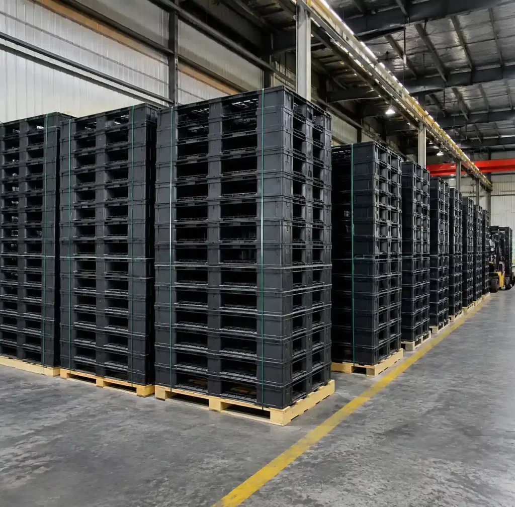 GMT pallets stacked in warehouse inventory showing initial investment for concrete block production