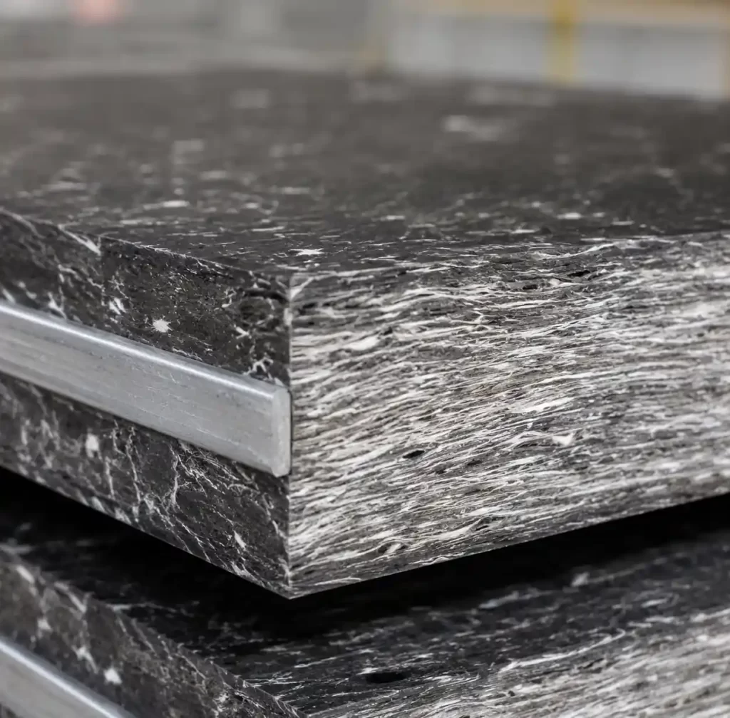 Close-up of glass fiber reinforced thermoplastic pallet material showing fiber distribution