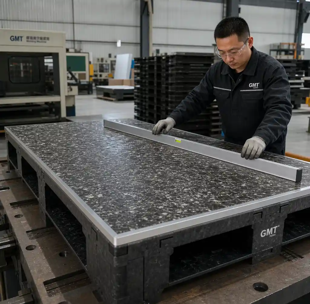 Technician performing structural integrity assessment on GMT brick pallet using straight edge and measurement tools