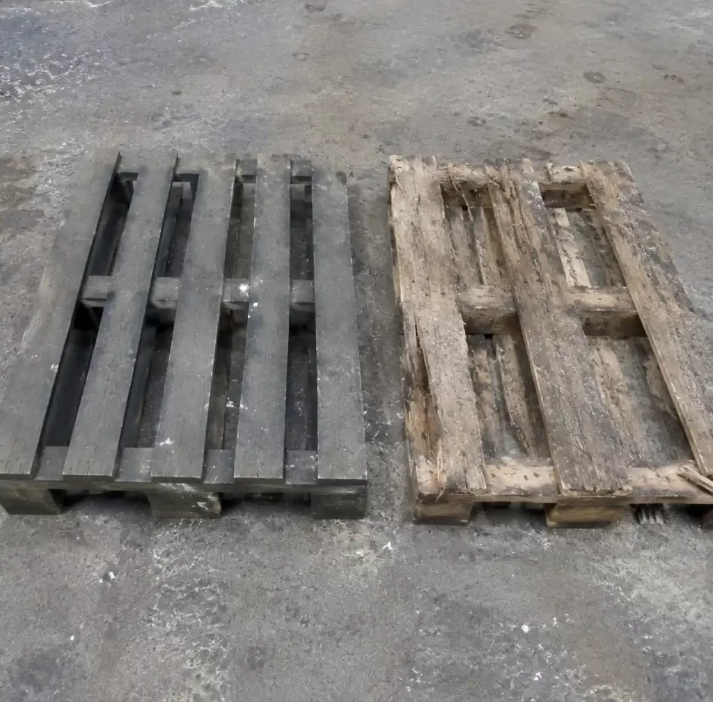 Side-by-side comparison of new and aged pallets showing durability and lifespan differences