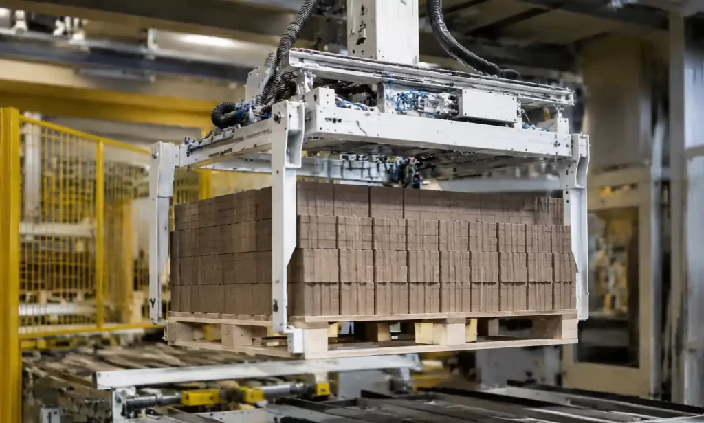 Robotic handling system gripping GMT pallet in automated brick facility