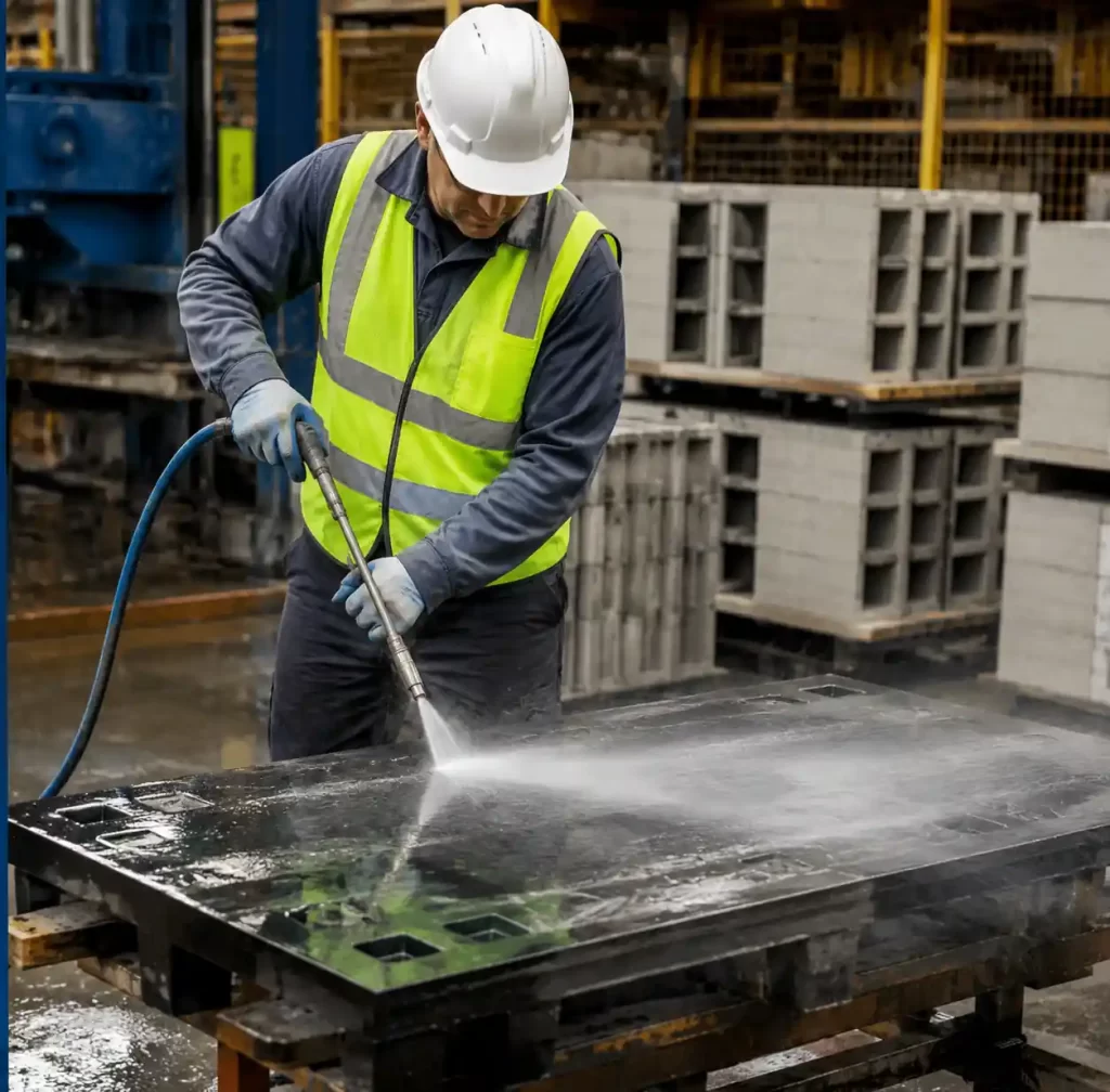 Worker performing maintenance and cleaning on concrete block pallets in production facility