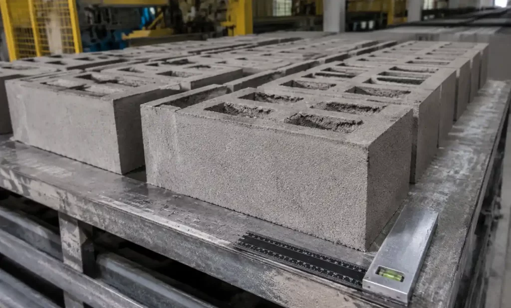 Freshly molded concrete blocks on flat GMT pallet surface showing quality and dimensional accuracy