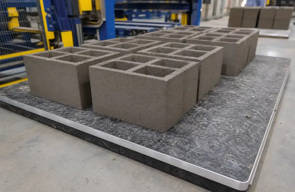 Concrete blocks on GMT pallet showing superior surface quality and flatness