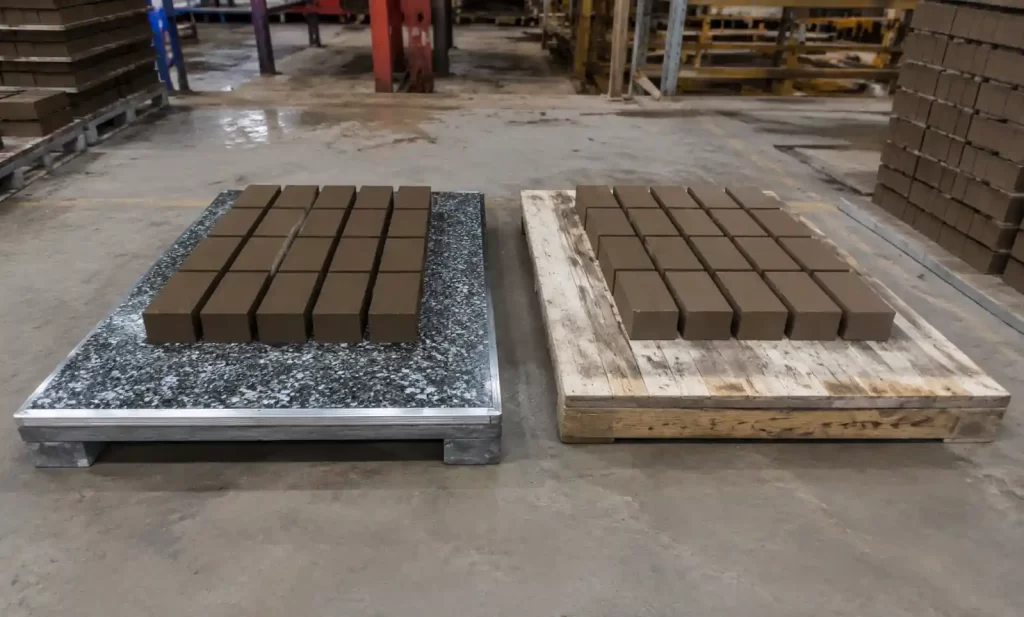 GMT pallet and wood pallet side-by-side comparison for brick manufacturing