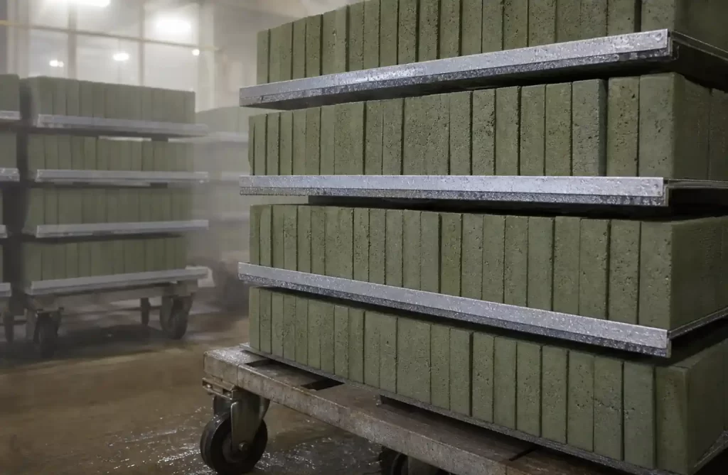 Moisture-resistant GMT pallets in high-humidity brick curing area