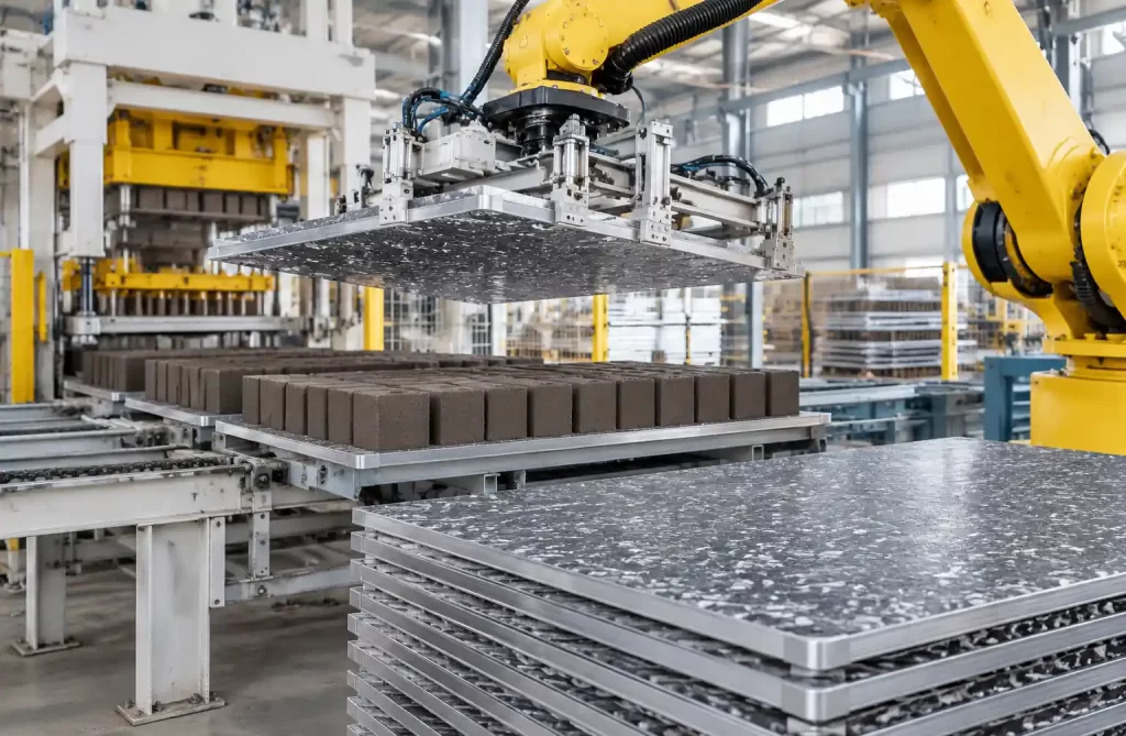 Robotic handling system using GMT pallets in automated brick production