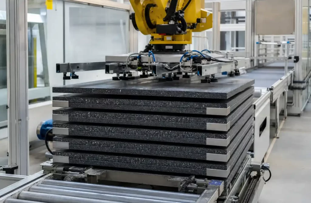 GMT pallets in automated brick production line with robotic handling