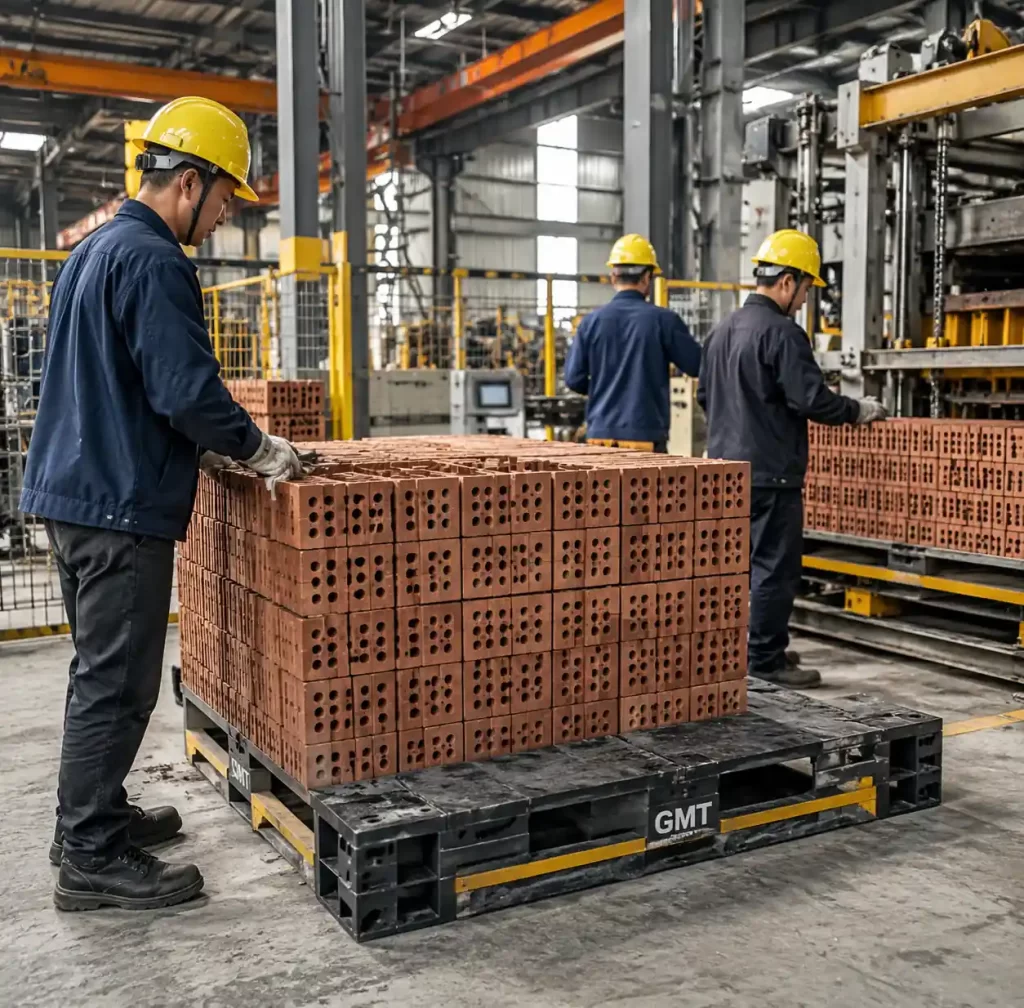 Production workers efficiently handling GMT pallets in brick manufacturing facility