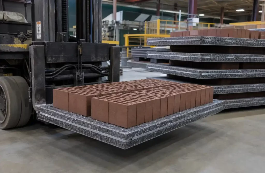 Consistent weight GMT pallets being handled by forklift in brick production
