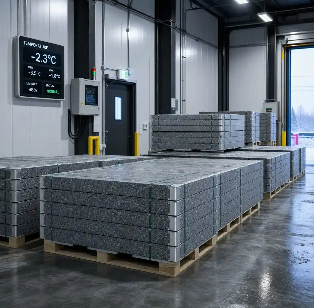 GMT brick pallets in winter storage facility with temperature monitoring for cold weather maintenance