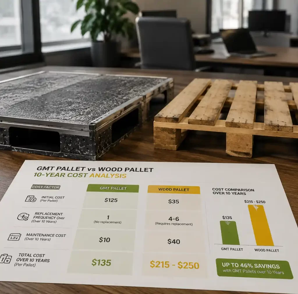 Cost comparison chart showing GMT pallet versus wood pallet lifecycle expenses