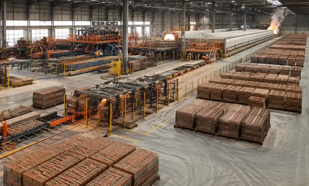 Large-scale brick production facility showing efficient operations with GMT pallets