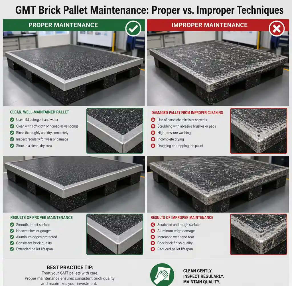 Comparison showing proper vs improper GMT brick pallet maintenance highlighting common damage and mistakes