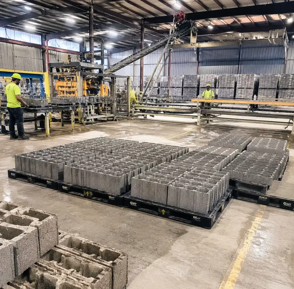 Concrete block manufacturing facility with organized pallet inventory showing long-term investment