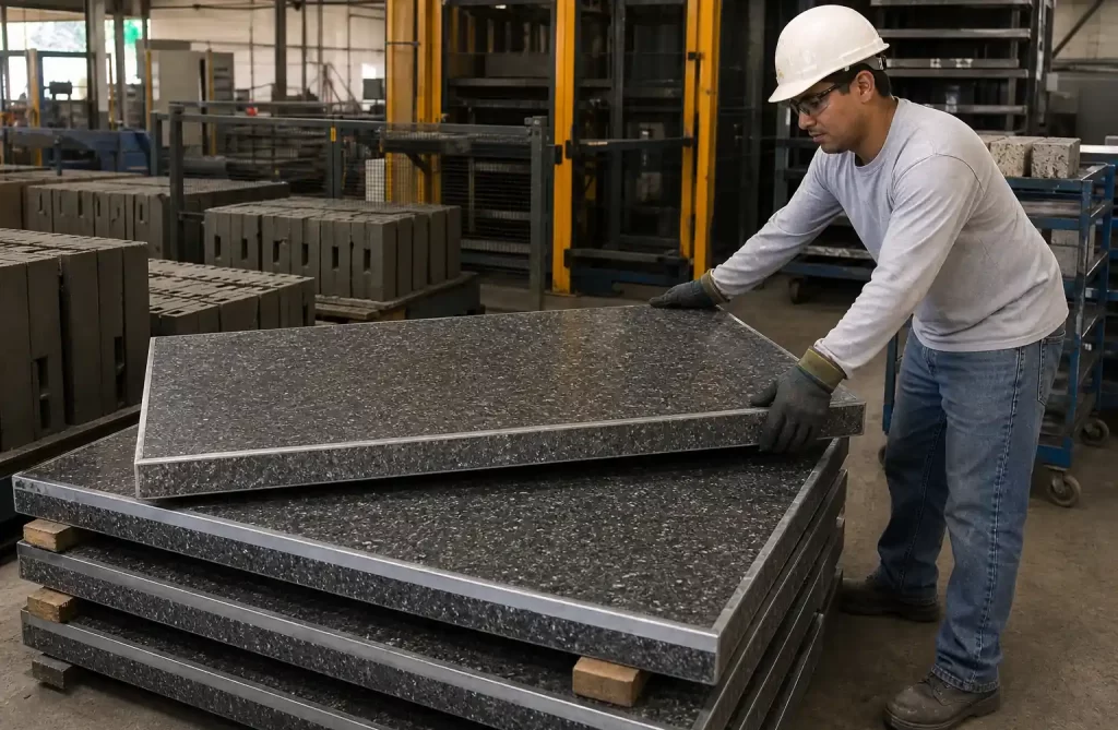 Worker safely handling GMT brick pallets in brick manufacturing facility