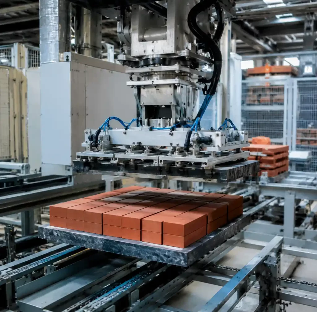 Automated brick production line using GMT pallets showing precision requirements